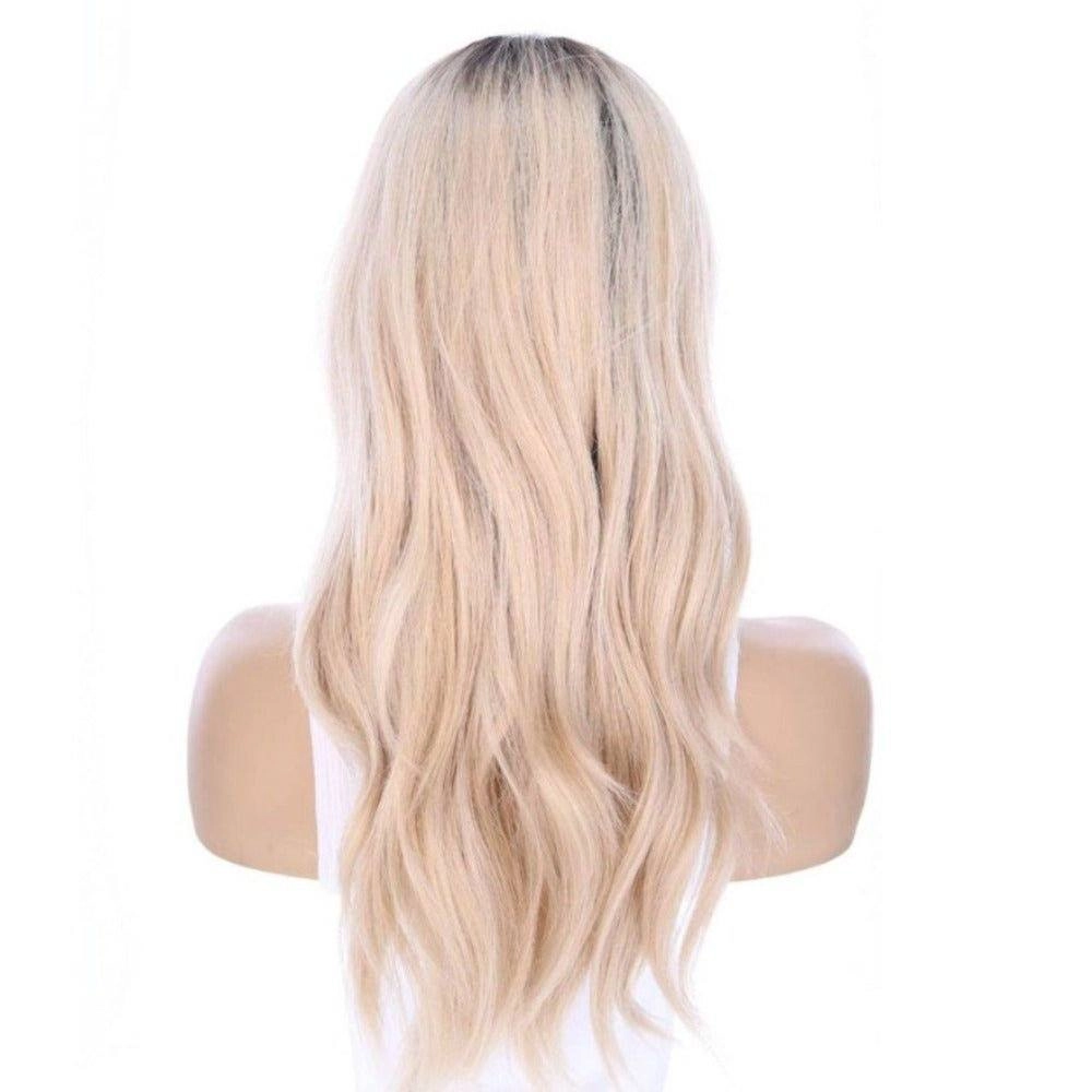 22" Ponytail Silk Part Wig Platinum Blonde w/ Full Rooting