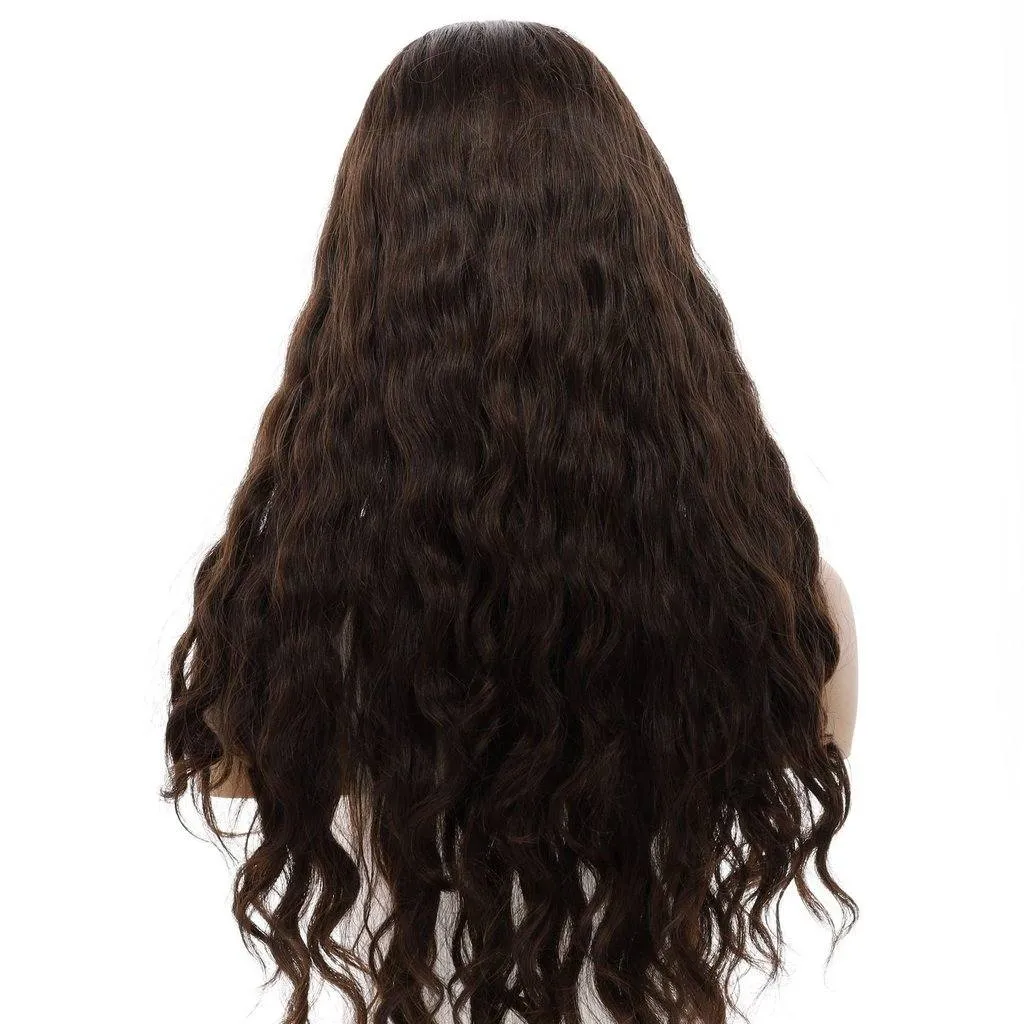 26" Ponytail Silk Top Wig Dark Brown Wavy