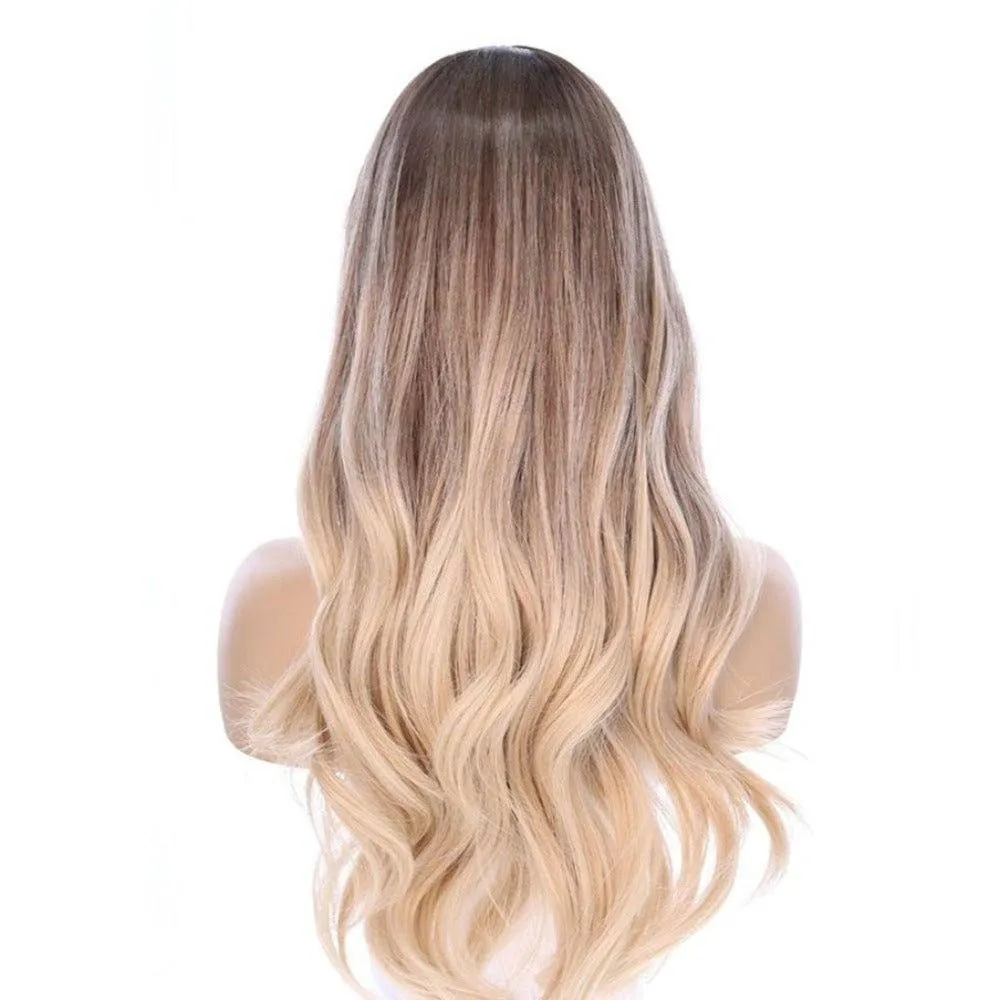 26" Ponytail Silk Top Wig Platinum Blonde w/ Reverse Balayage