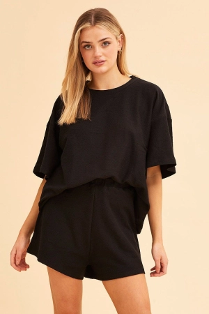 Black Remi Textured Cotton Short