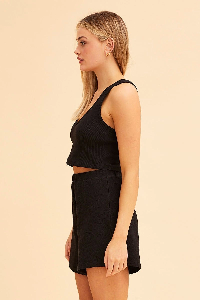Black Remi Textured Cotton Short