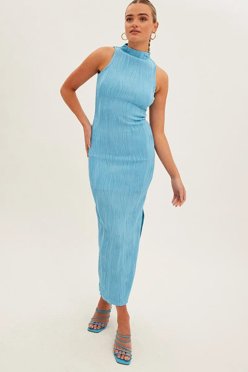 Blue Maxi Dress High Neck Sleeveless