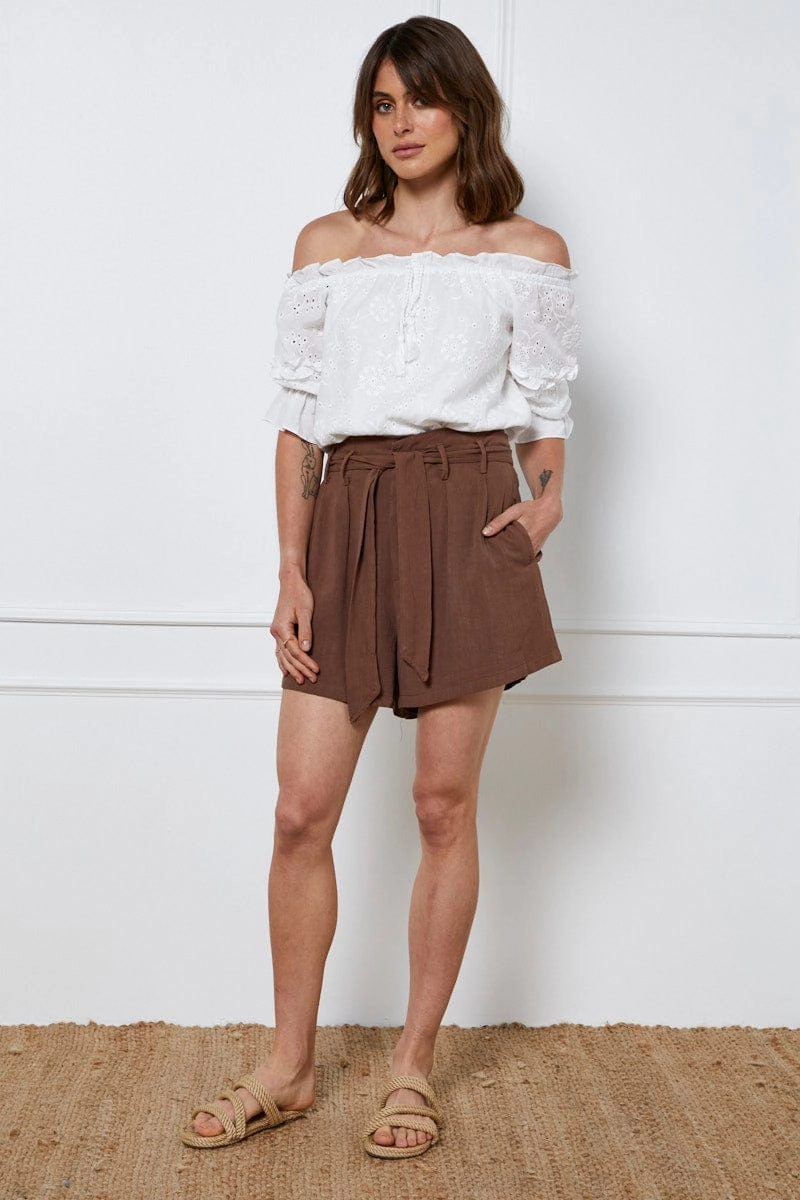 Brown Belted Shorts High Waist Linen