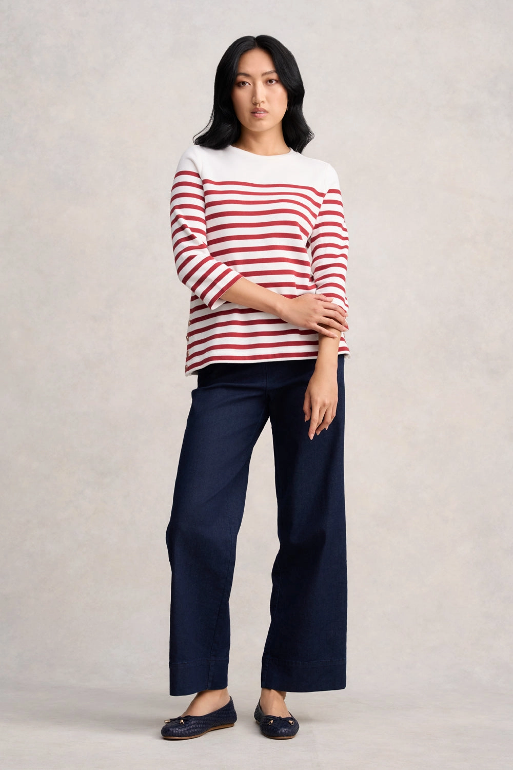 Button Detail Top - Red & Cream Stripe
