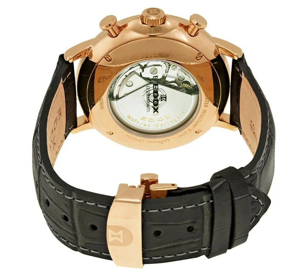 Edox Mens 01120-37R-GIR Les Bemonts Chronograph Automatic Stainless Steel Analog Display Day/Date Watch with Black Leather Strap