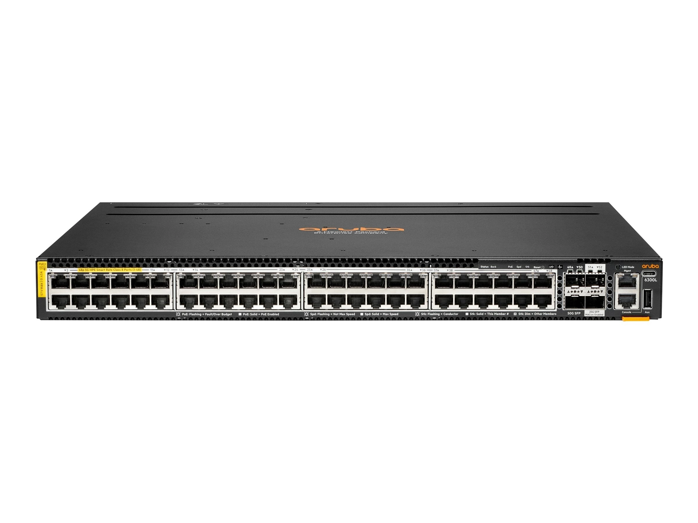 HPE Aruba Networking 6300L 48p Smart Rate 100M/1G/2.5G/5G CL8 2p SFP56 50G 2p SFP28 25G L2 Switch - Switch - L3 - 48 x 100/1000/2.5G/5G S3L76A