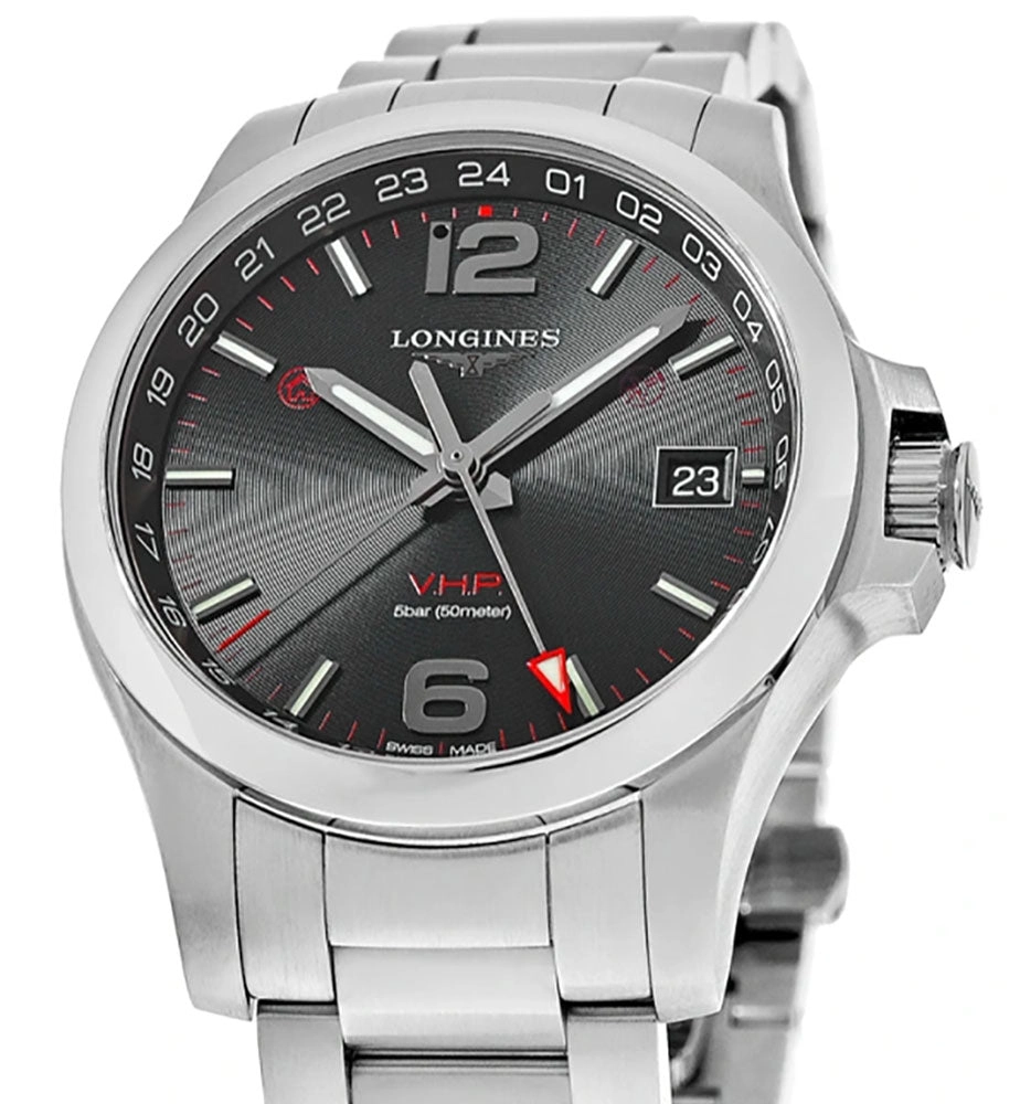 Longines Conquest V.H.P. GMT Stainless Steel Black Dial Perpetual Calendar Date Quartz Mens Watch L3.718.4.56.6