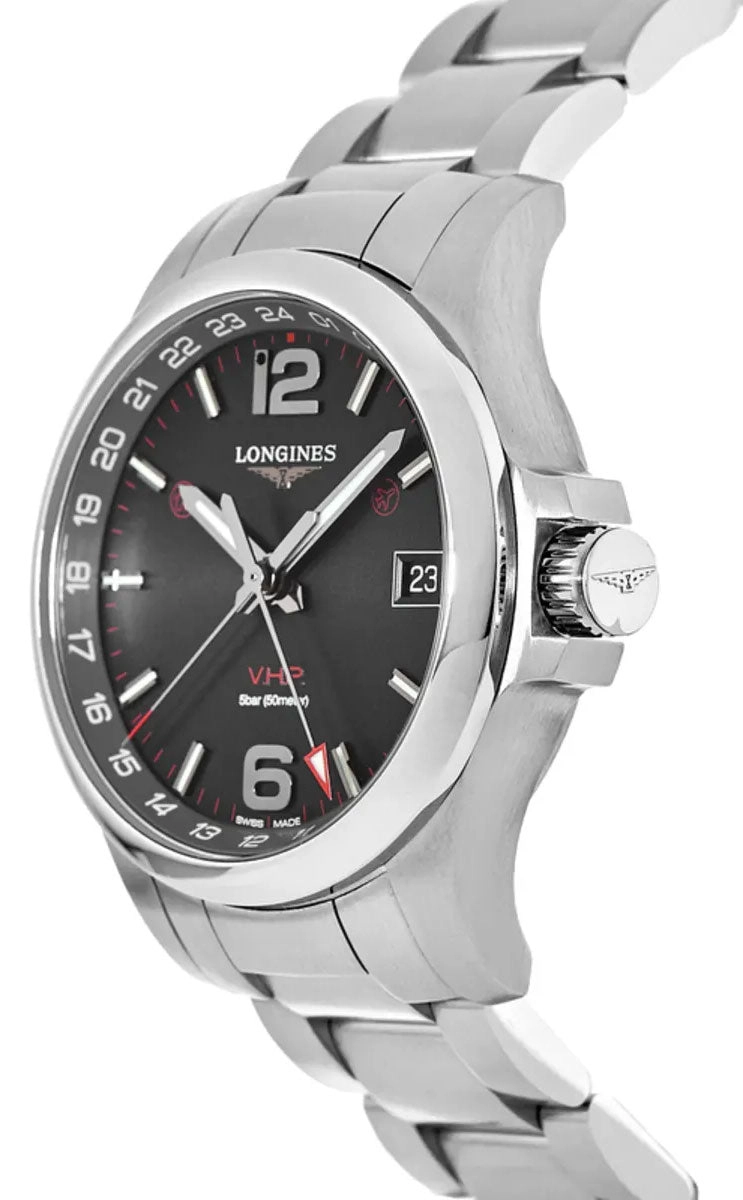 Longines Conquest V.H.P. GMT Stainless Steel Black Dial Perpetual Calendar Date Quartz Mens Watch L3.718.4.56.6