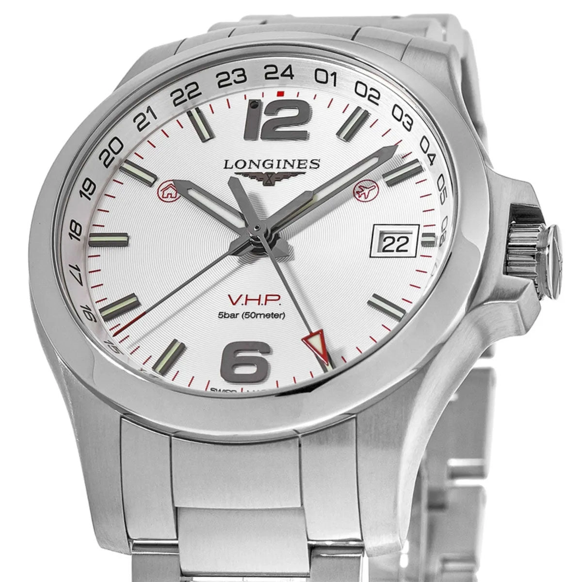 Longines Conquest V.H.P. GMT Stainless Steel Silver Dial Date Quartz Mens Watch L3.718.4.76.6