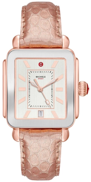 Michele Deco Sport Rose Gold Leather Silver Dial Date Womens Watch MWW06K000039