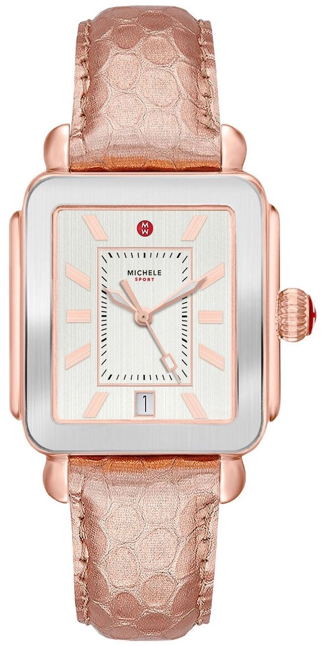 Michele Deco Sport Rose Gold Leather Silver Dial Date Womens Watch MWW06K000039