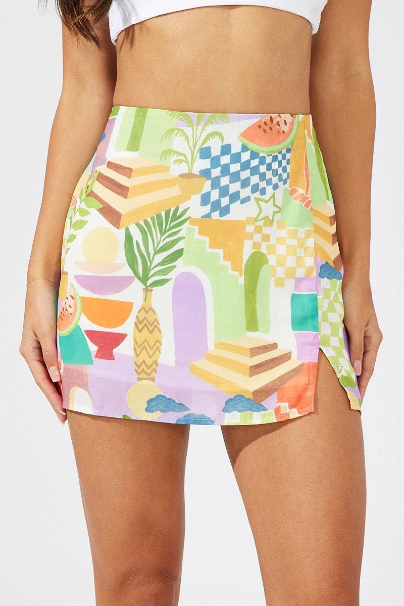 Multi Abstract Mini Skirt High Rise