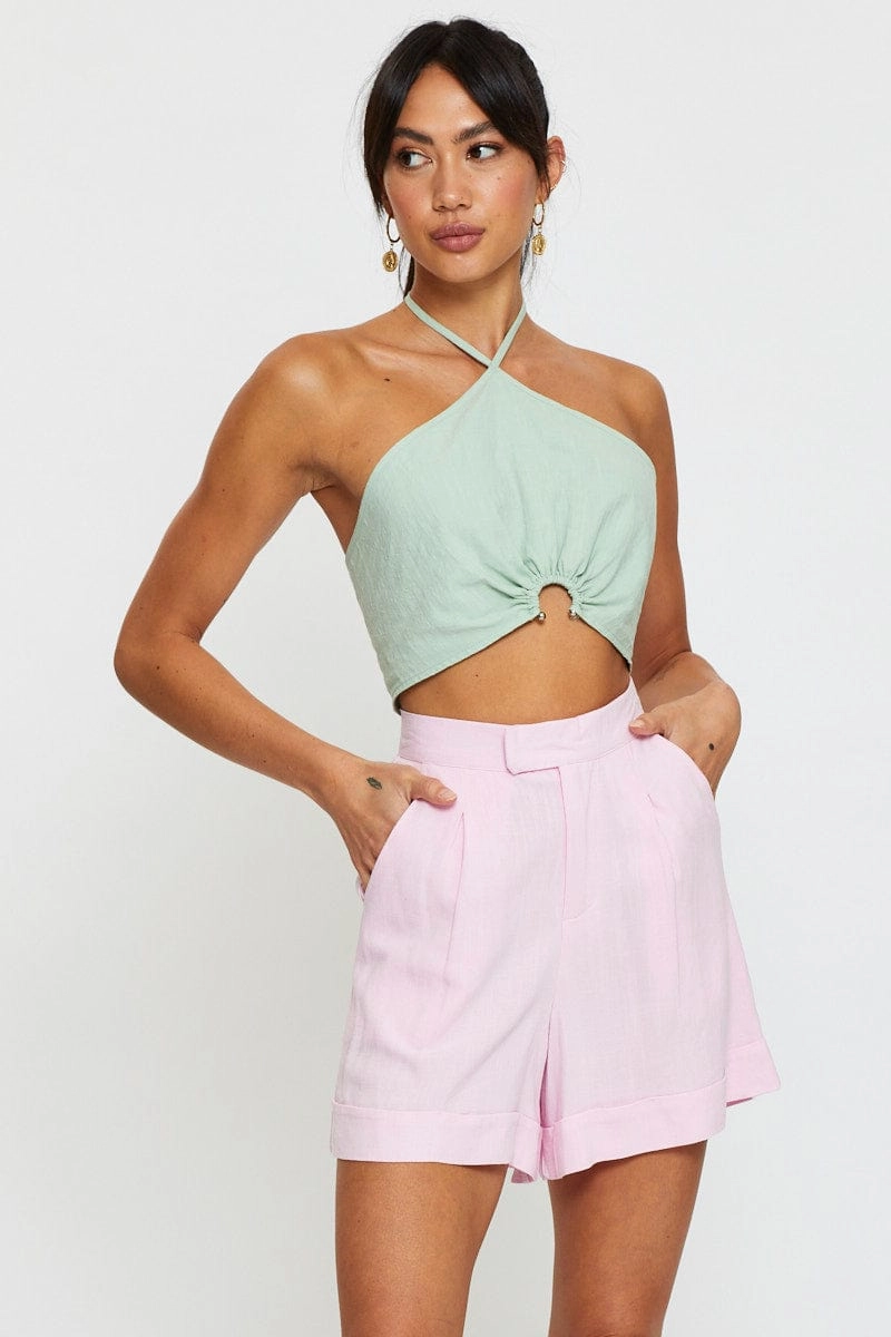 Pink Mini Shorts High Rise Linen Blend