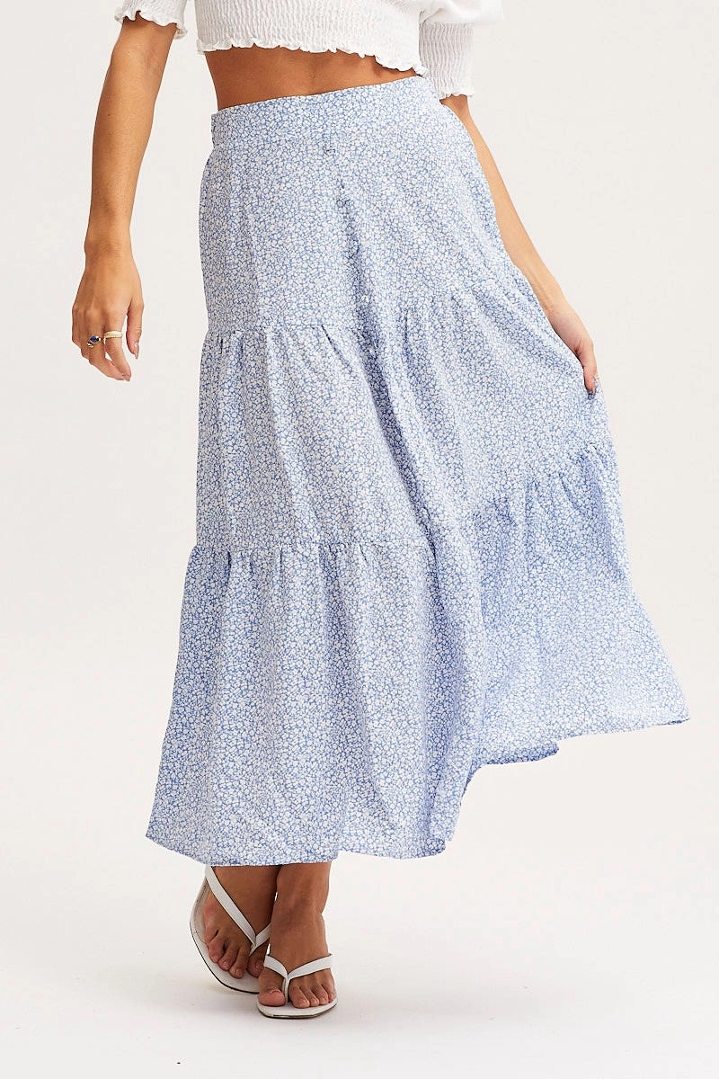 Print Midi Skirt High Rise Tiered