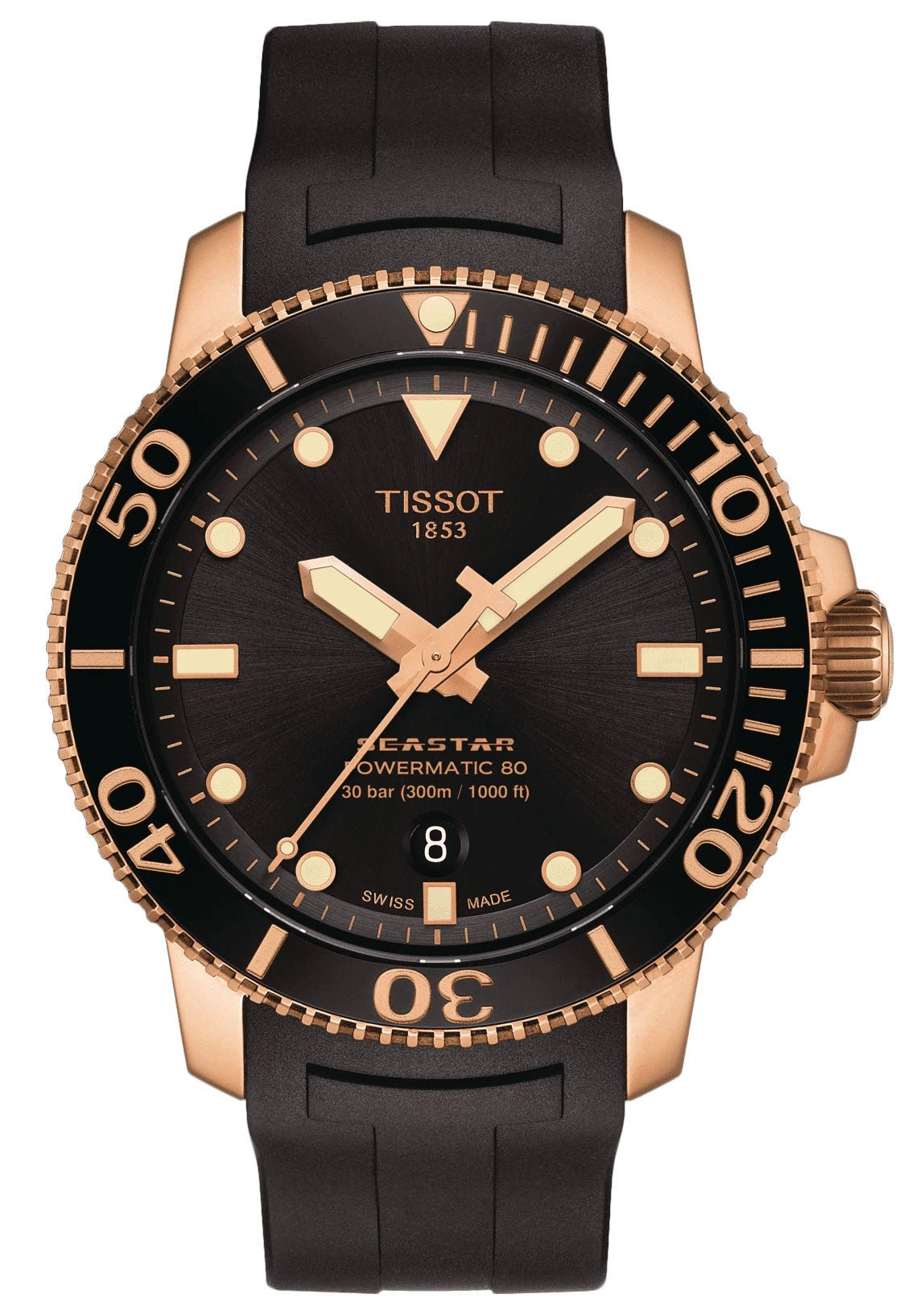Tissot T-Sport Seastar 1000 Automatic Powermatic 80 Rose Gold PVD Black Dial Black Rubber Strap Date Divers Mens Watch T120.407.37.051.01