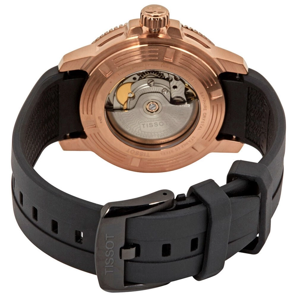 Tissot T-Sport Seastar 1000 Automatic Powermatic 80 Rose Gold PVD Black Dial Black Rubber Strap Date Divers Mens Watch T120.407.37.051.01