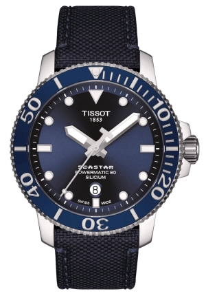 Tissot T-Sport Seastar 1000 Automatic Powermatic 80 Silicium Blue Dial Blue Textile Strap Date Mens Watch T120.407.17.041.01
